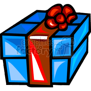 The image depicts a stylized, cartoon-like illustration of a gift box. The box is primarily blue with a pattern that suggests it might have a reflective, possibly metallic surface. The gift is adorned with a red ribbon and a bow on top. This image is appropriate for use in materials related to birthdays, anniversaries, parties, celebrations, holidays, and as an icon to signify the act of giving gifts.