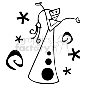 A festive black and white clipart image featuring a stylized figure in a party hat surrounded by abstract shapes, commonly associated with celebrations such as birthdays and anniversaries.