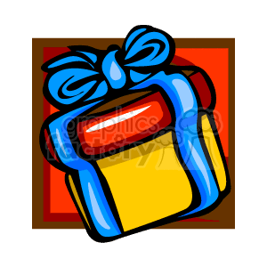 The image shows a stylized, colorful illustration of a wrapped gift or present. The gift has a large, prominent blue bow on top and features bright shades of red, yellow, and blue. The background consists of warm tones with a red and orange square pattern that suggests a festive or holiday theme.