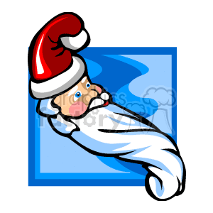   The image is a stylized clipart featuring Santa Claus. Santa is depicted with a long white beard and wearing his iconic red hat with a white trim and pompom. The background is a simple blue square, giving a contrasting backdrop to Santa
