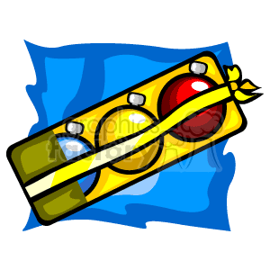 The clipart image depicts a package of Christmas ornaments. There are three visible bulbs in the colors red, blue, and yellow with little highlights that suggest a shiny surface. The ornaments are enclosed in clear packaging that is tied with a golden string or ribbon, and they appear to be resting against a loosely drawn patch of blue which might represent a piece of fabric or a surface.