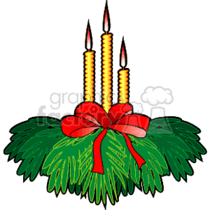 This clipart image features a trio of traditional gold candles with lit flames, set within a lush green pine decoration, tied together with a bold red ribbon featuring a bow in the center. The ensemble represents a classic Christmas holiday decoration, radiating warmth and festive spirit.