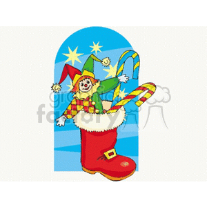 A festive Christmas clipart image featuring a red stocking stuffed with a cheerful clown toy and candy canes.