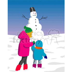   The image depicts two individuals, likely children given their size in relation to the snowman, in winter attire building a snowman. One of the children is wearing a pink coat and red boots, and the other is dressed in a blue coat with purple boots. They are positioning a carrot as the snowman