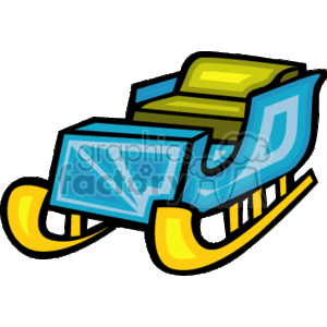 The image depicts a stylized blue and yellow Christmas sleigh. The sleigh appears to be empty and is designed with a modern, cartoon-like aesthetic, featuring bold outlines and geometric patterns.