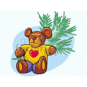 A festive clipart image featuring a teddy bear wearing a yellow shirt with a red heart, sitting in front of a green pine branch.