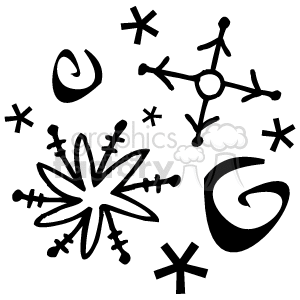 The clipart image features a collection of various stylized snowflakes of different sizes and designs scattered around. These snowflakes have a graphic, decorative appearance, typical of winter or holiday-themed artwork.