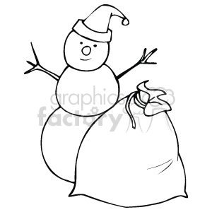 The clipart image depicts a simple, cheerful snowman wearing a Santa hat. The snowman has two round segments for its body and head, stick arms, a dotted smile, and a round button or item for its nose. Beside the snowman is a large sack, similar to the kind Santa Claus is often depicted carrying, which suggests the snowman might be partaking in holiday gift-giving.