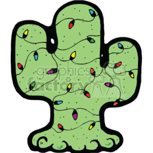 The image shows a green cactus decorated with colorful Christmas lights. The style of the image is reminiscent of a clipart illustration, with a country or western theme suited for the holiday season.