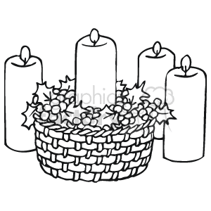 The clipart image depicts a woven basket filled with holly leaves and berries. Surrounding the basket are four candles of varying heights, suggesting a holiday theme.