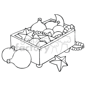 The clipart image depicts a box filled with various Christmas decorations. These decorations include spherical bulbs, stars, and beaded garlands. Some ornaments and a star are positioned outside the box, suggesting a variety of shapes and sizes commonly used for holiday decor.