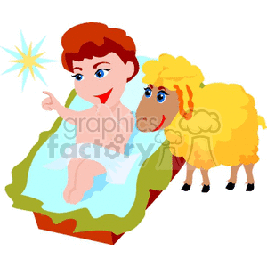 Clipart of baby Jesus in a manger with a lamb, symbolizing the Nativity scene during Christmas.