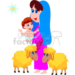 Clipart image of a Nativity scene featuring Mary holding baby Jesus, along with two sheep and a star.