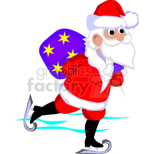 A festive clipart image of Santa Claus ice skating with a sack of gifts on his back.