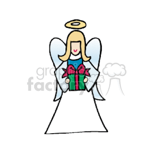 The clipart image features a Christmas angel with a halo holding a gift wrapped with a ribbon. The angel is in traditional white apparel with blue wings and has a smiling face.