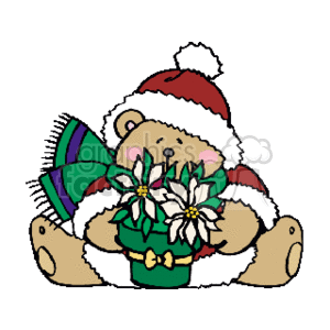 The clipart image displays a cute teddy bear wearing a Santa Claus hat and holding a green Christmas wreath decorated with large, white flowers. The bear seems to be sitting down and has a happy expression.