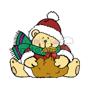 The image depicts a cute teddy bear wearing a Santa hat and a festive green scarf. The bear is holding a golden Christmas gift bag tied with a red bow.