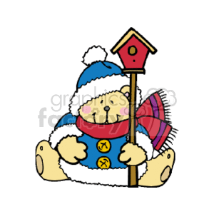 Christmas bear holding a birdhouse 