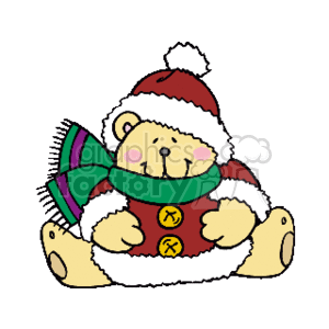 Tan Teddy Bear Sitting Smiling with a Green Scarf Red Hat and Suit