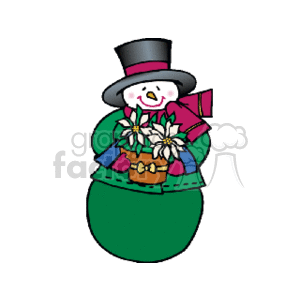 Happy Snowman Holding a Poinsettia Plant