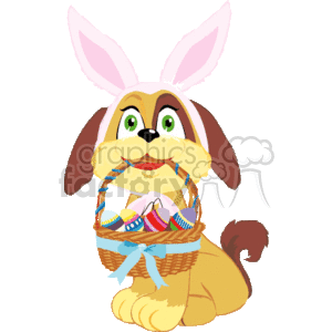 A Puppy with Bunny Ears Holding a Woven Basket filled with Easter Eggs