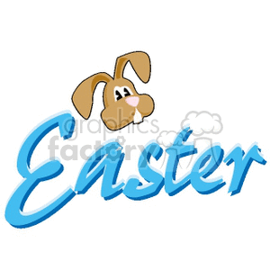 A fun and playful Easter clipart with a cartoon bunny face and the word 'Easter' in stylized blue text.