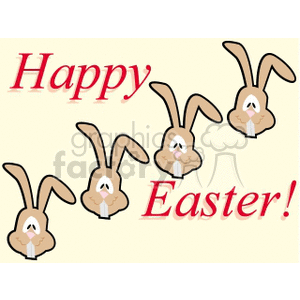 A festive Easter clipart featuring a row of cartoon bunnies with the text 'Happy Easter!' in red letters.