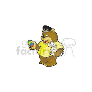 A cartoon bear wearing a black cap and yellow shirt, holding an Easter egg and a rabbit.