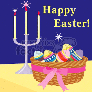 A festive Easter-themed clipart image featuring a basket filled with colorful painted eggs, a pink ribbon, and a candelabra with lit candles. 'Happy Easter!' text is displayed prominently.