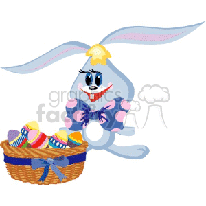 A cheerful cartoon bunny with a large bow and colorful Easter eggs in a woven basket, celebrating the Easter holiday.