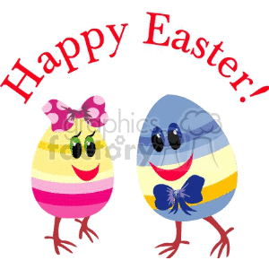 A cheerful Easter clipart featuring two smiling, decorated eggs with bows. One egg is yellow with pink stripes and a pink polka dot bow, while the other is blue with yellow stripes and a blue bow tie. 'Happy Easter!' is written above in red text.