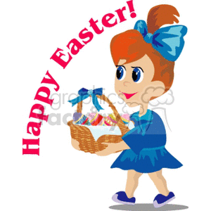 A cheerful girl with brown hair and a blue bow holding a basket of decorated Easter eggs, accompanied by the text 'Happy Easter!'