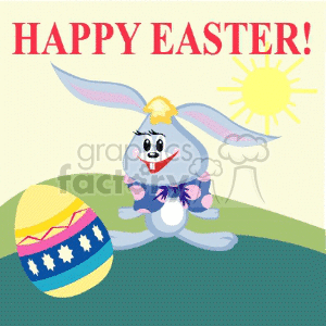 A cheerful cartoon bunny wearing a bow with large ears stands near a vibrant, decorated Easter egg. The background features a sun and a green landscape, with the text 'HAPPY EASTER!' above.