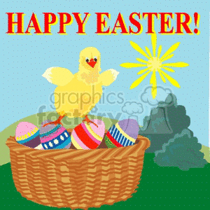 A cheerful Easter clipart featuring a cute yellow chick standing on a basket filled with colorful painted Easter eggs. Above, 'Happy Easter!' is written in bold red letters, with a bright sun in the background.