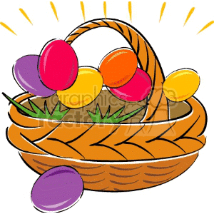 A clipart image of a woven Easter basket filled with colorful painted eggs in shades of hot pink, yellow, purple, and orange.