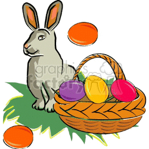 A clipart image featuring a bunny sitting beside a woven basket filled with colorful painted Easter eggs on a patch of green grass.