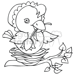 The image is a black and white clipart illustration. It features a cute chick wearing a cap, perched in a nest situated on a tree branch. The chick is holding a flower in its beak, and there are additional flower buds on the branch. The image appears to be styled as an outline, suitable for a coloring page with an Easter theme.
