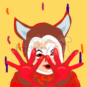   The clipart image features a person wearing a fox costume for Halloween. They are making a playful gesture with their hands, creating a frame around their eyes, and smiling. The costume includes ears and a hood in the shape of a fox