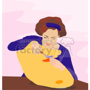 The clipart image shows a woman smiling as she is carving a pumpkin. She appears to be in a festive mood, likely preparing for Halloween. The woman is using a small carving tool to cut into the large pumpkin that she has in her lap.