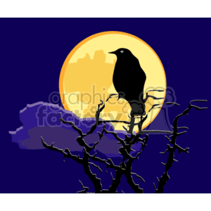 The clipart image depicts a silhouette of a crow perched on a gnarled, barren tree branch with a large full moon in the background. The sky is a dark shade of blue, indicative of nighttime. The full moon behind the crow is in shades of yellow and beige, creating a stark contrast against the dark sky and silhouette.