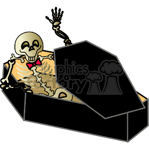 The image depicts a cartoon skeleton inside an open black coffin. The skeleton is shown waving with one hand, while the other hand rests inside the coffin. The skeleton sports a cheerful expression and is wearing a red bow tie.