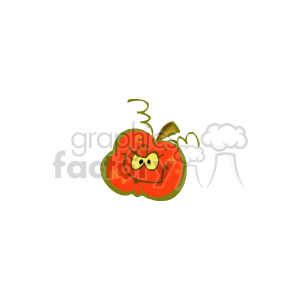 The image is a cartoonish clipart of a smiling pumpkin. It has a happy facial expression, with a few leaves and a vine attached to its stem.