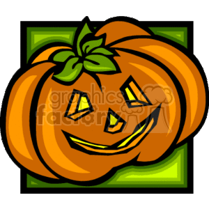 This clipart image features a stylized Halloween pumpkin with a happy, carved face, often referred to as a jack-o'-lantern. The pumpkin is orange with a cheerful expression, triangular eyes, and a toothy smile. It has a green stem or leaf on the top.