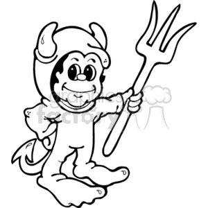 The clipart image features a cartoon depiction of a child dressed in a devil costume. The costume includes a jumpsuit with a hood that has devil horns attached, and a devil's tail coming out from the back. The child is also holding a trident, which is commonly associated with depictions of devils or demons.