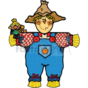   The clipart image depicts a colorful, country-style scarecrow. The scarecrow is dressed in patchwork attire, featuring blue pants with red ties at the bottom, a multicolored top with a checkered pattern on the arms and an orange patch on its bib with a pumpkin design. It has a friendly face with a stitched smile and rosy cheeks. On its head, it wears a brown, floppy hat with a small crow or bird perched on top, suggesting a humorous take on the scarecrow