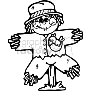   The clipart image features a whimsical, country-style scarecrow designed for the Halloween holiday. The scarecrow has a cheerful face with button eyes, a stitched smile, and a round nose. It