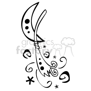 The clipart image shows a stylized representation of a crescent moon with a face, partially wrapped around a witch's broom. There are also whimsical swirls, stars, and various other celestial-inspired doodles surrounding the broom and moon, giving the image a magical or mystical feel.