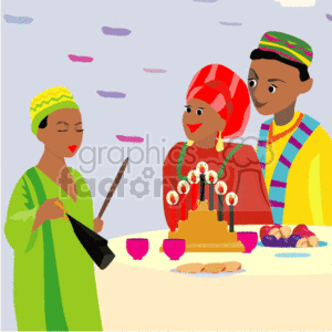 This clipart image depicts a celebration of Kwanzaa, a week-long African-American holiday. The illustration shows three individuals dressed in colorful traditional African attire. A man in a striped shirt and a woman in a red head wrap are looking at a boy in a green outfit who appears to be swinging a bell. In the center of the table is a Kinara (candle holder) with seven candles, symbolic of the seven principles of Kwanzaa. There are also bowls, which presumably contain fruits and nuts, and a unity cup on the table as part of the celebration.
