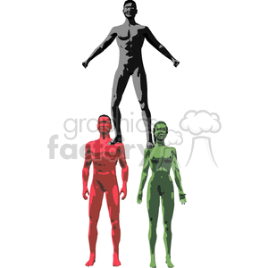 Clipart image of three abstract, artistic figures in the colors of red, black, and green, often associated with Kwanzaa and African cultural themes.