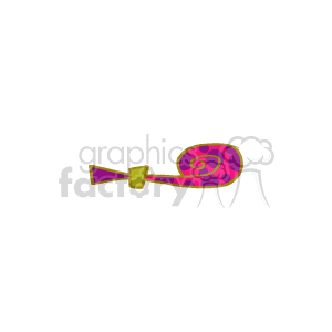 The image shows a party noisemaker, which is commonly used at celebrations, particularly New Year's Eve parties. It appears to have a pink and yellow swirl pattern with a purple background.